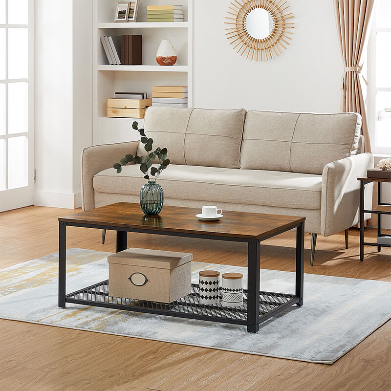 VASAGLE Coffee Table for Living Room, 2-Tier Cocktail Table, Center Table  with Mesh Shelf, Steel Frame, Adjustable Feet, Industrial Style, Rustic