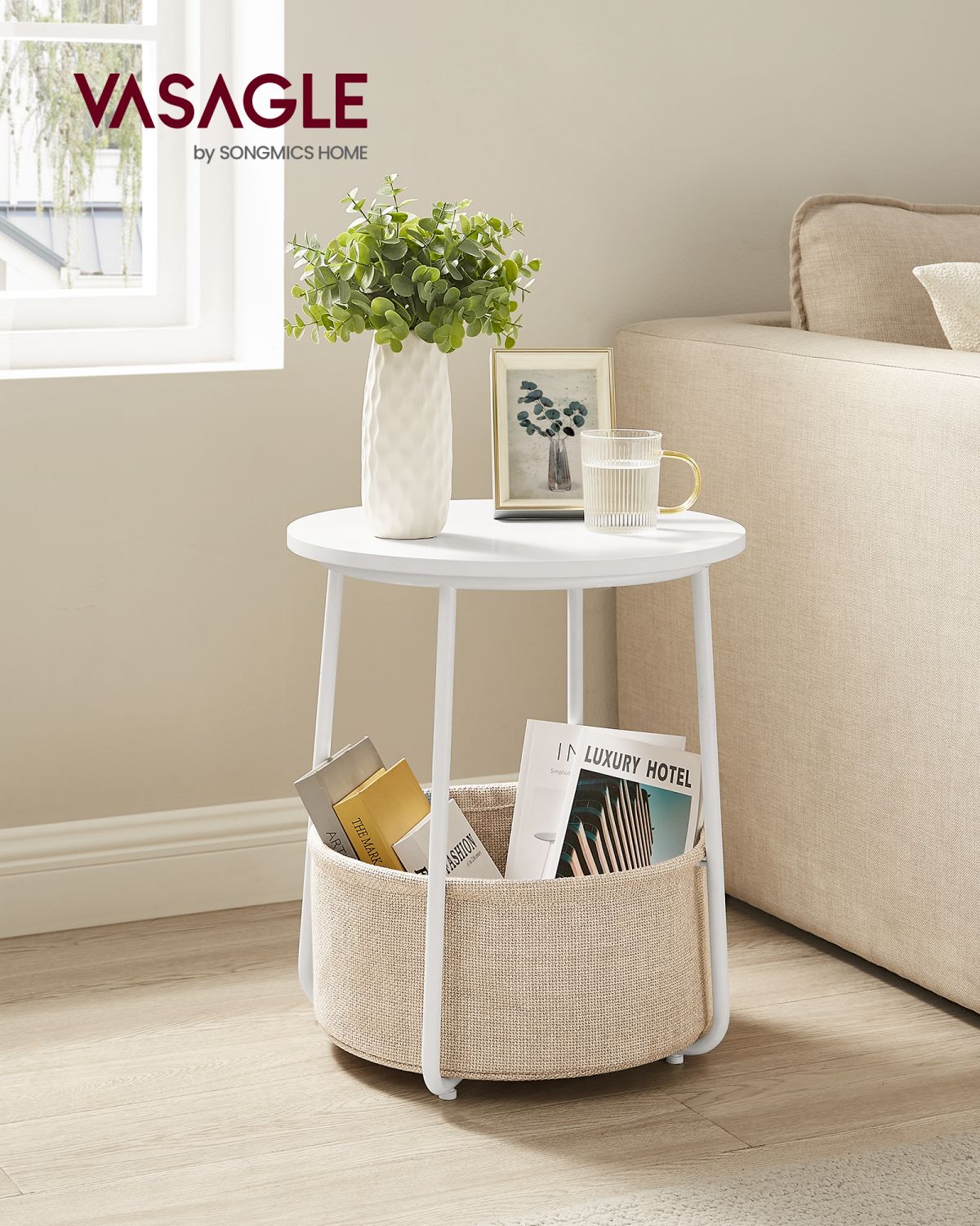 Round Side Table with Storage Basket