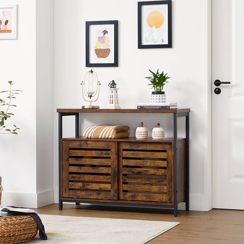 VASAGLE Buffet Cabinet, Sideboard with Open Compartment, Sliding Barn Door,  11.8 D x 27.6 W x 31.5 H, Toasted Oak and Black ULSC089B50