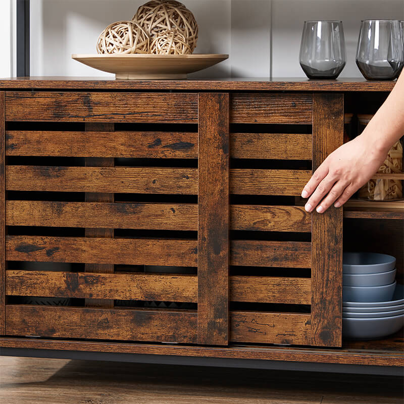 VASAGLE Buffet Cabinet, Sideboard with Open Compartment, Sliding Barn Door,  11.8 D x 27.6 W x 31.5 H, Toasted Oak and Black ULSC089B50