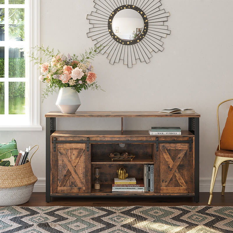 VASAGLE Buffet Cabinet, Sideboard with Open Compartment, Sliding Barn Door,  11.8 D x 27.6 W x 31.5 H, Toasted Oak and Black ULSC089B50